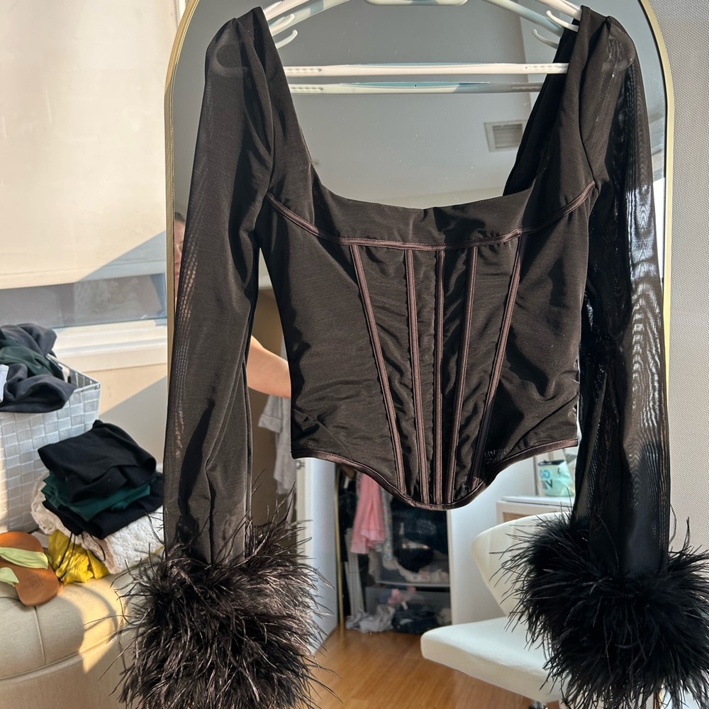 House of CB Black Sheer Feather Cuff Blouse